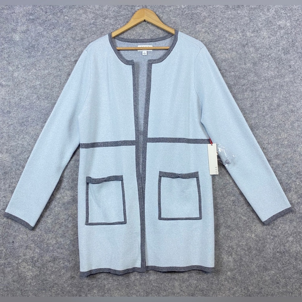 Elle NEW Cardigan Full Bloom Size L Blue Silver Sparkle Open Front Long Metallic